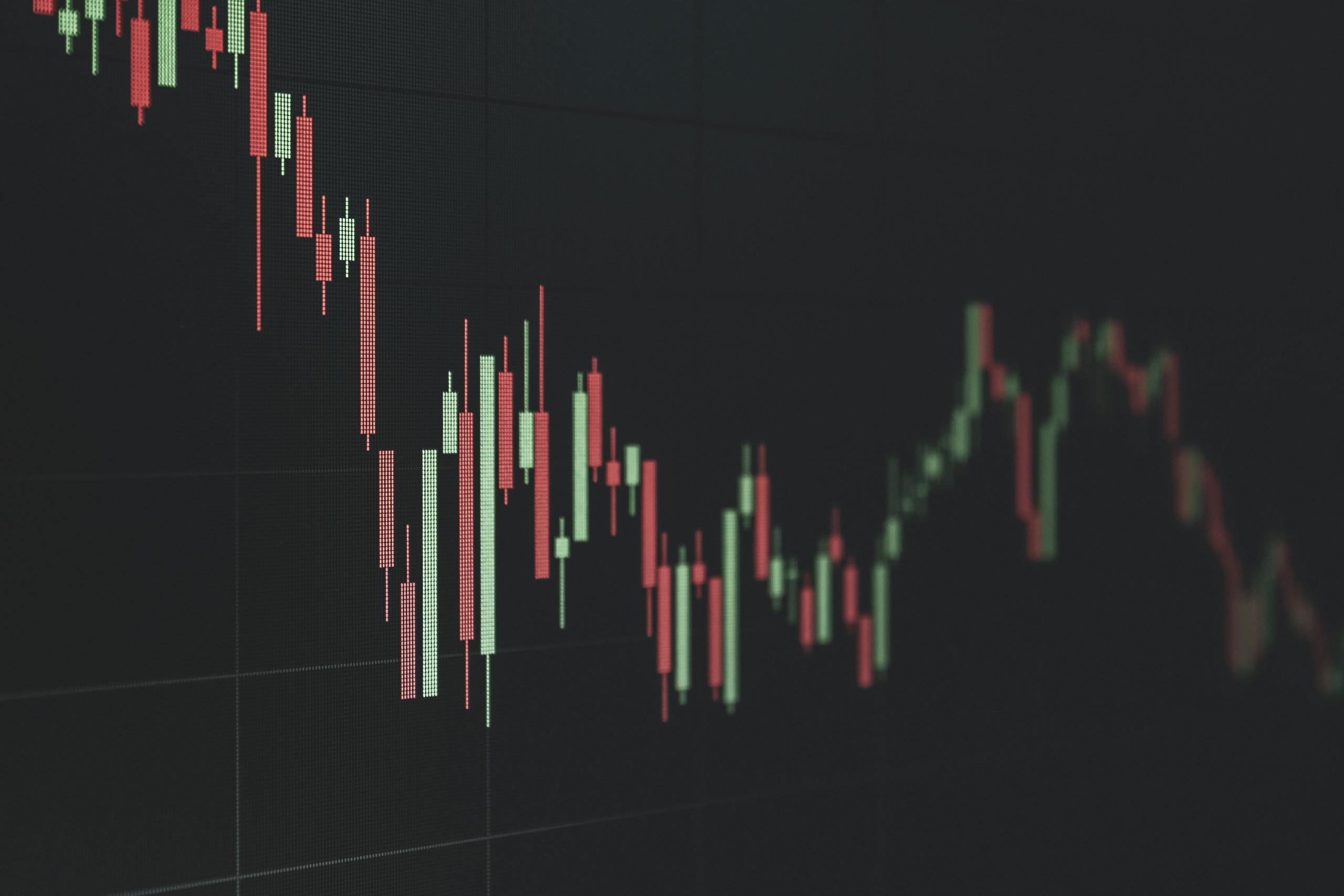 Stock market data chart showing trends in red and green. Perfect for financial and business themes.